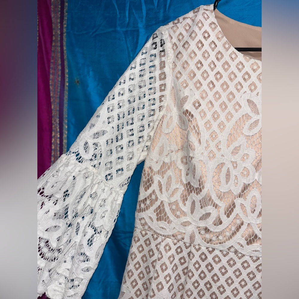 Eliza J Cream lace overlay 3/4 bell sleeve fit & flare mini dress women’s 14 - Picture 5 of 16